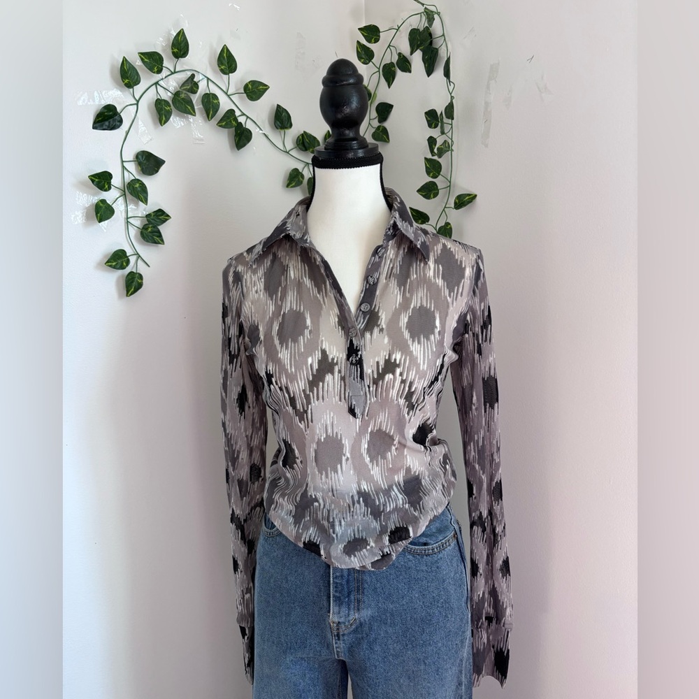 Mexx Black and Gray Patterned Button Down Sheer Top